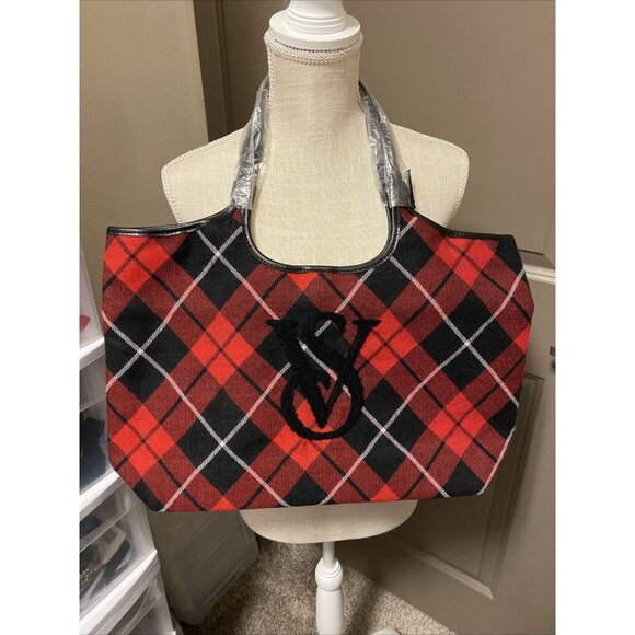 Victoria’s Secret Red Black Tartan Plaid Pattern Weekender Tote Bag VS Logo NEW - Picture 1 of 5
